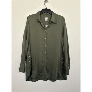 NWT Chico's Sandwash Satin Solid 3/4 Sleeve Button Down Shirt Green Women's 12
